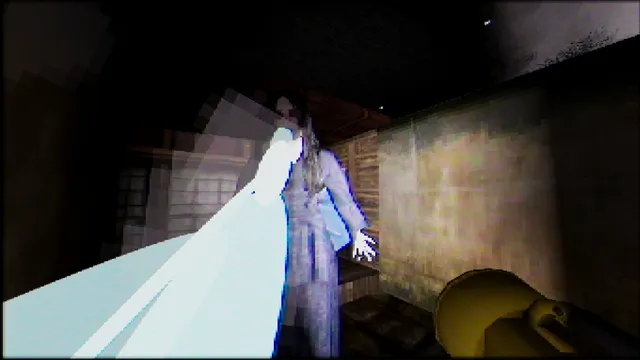 A pale woman with long black hair in white breathes a blast of icy air down a dark corridor, in pixelated PS1-style 3D