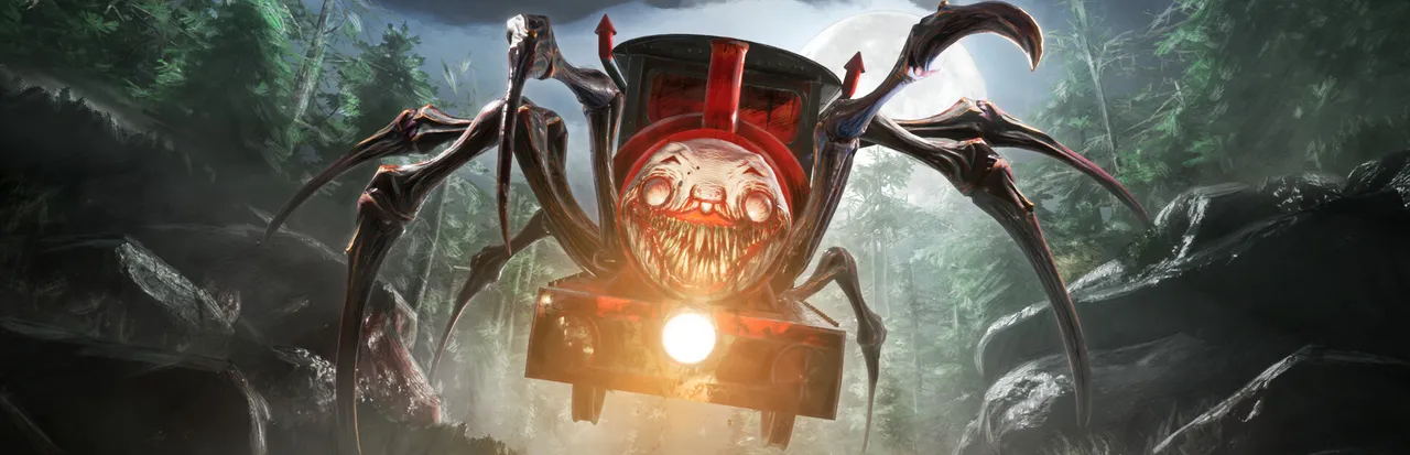 Choo-Choo Charles key art: a red train with a grinning, toothed face and spider legs charging out of a dark forest