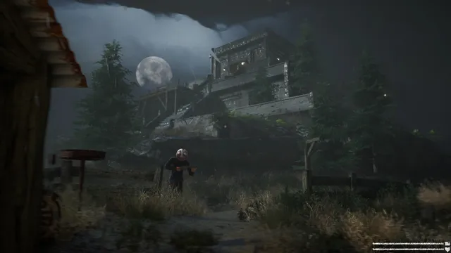Choo-Choo Charles screenshot: a masked figure in a dark camp under a full moon