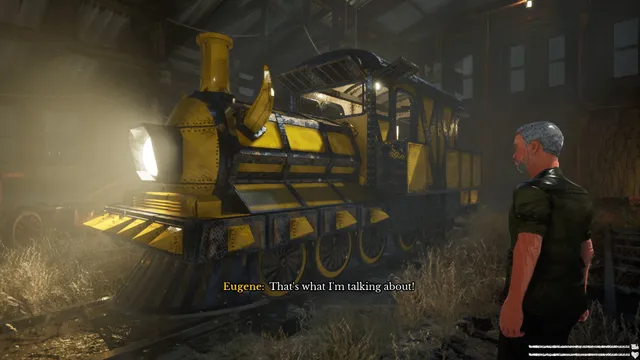 Choo-Choo Charles screenshot: the upgraded yellow locomotive in a shed beside an islander named Eugene