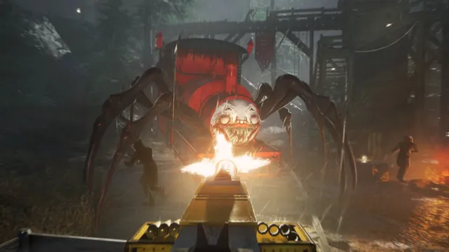 Choo-Choo Charles screenshot: the spider train looms over the player's yellow engine as its gun fires