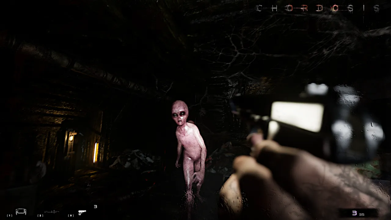 Chordosis screenshot: a pale grey alien standing in a dark tunnel as Sadie raises a handgun