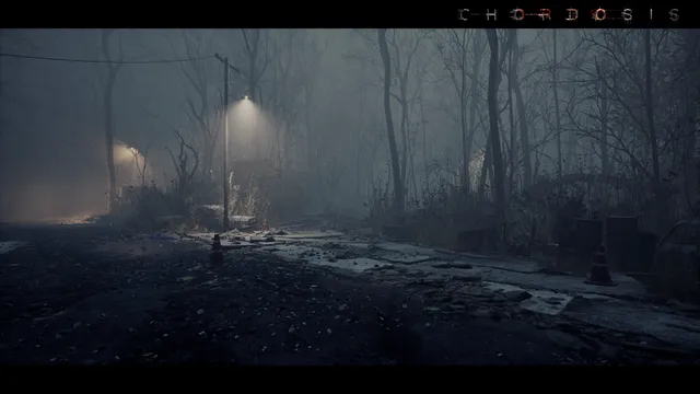 Chordosis screenshot: a single street lamp lighting a foggy road through a dark wood