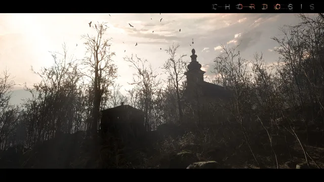 Chordosis screenshot: a village church spire behind bare trees under a pale sky with birds