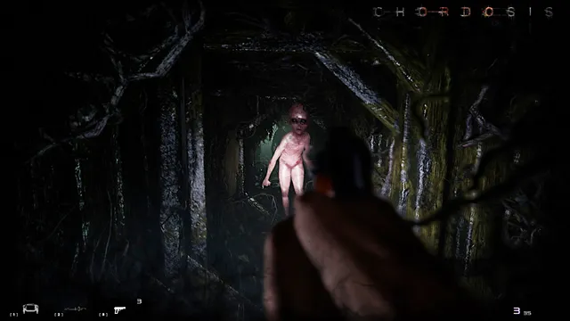 Chordosis screenshot: a grey alien walking toward Sadie down a tunnel shored with timber