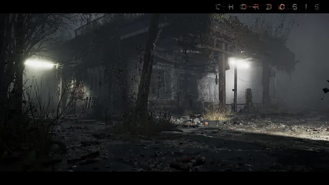 Chordosis screenshot: an old building at night lit by two floodlights among dark trees