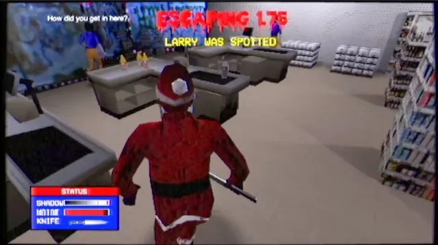 Larry with a knife in a supermarket as the screen warns that he was spotted and a shopper is escaping