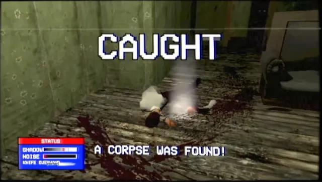 A bloody body on the floor with CAUGHT and A CORPSE WAS FOUND on screen