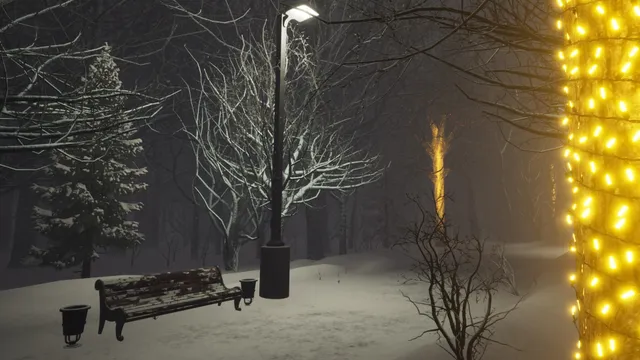 An empty park bench under a street lamp in the snow, beside a tree wrapped in lights