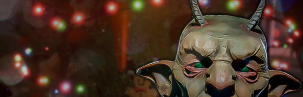 Christmas Nightmare key art: a horned, grinning goblin mask among blurred Christmas lights and a gingerbread decoration