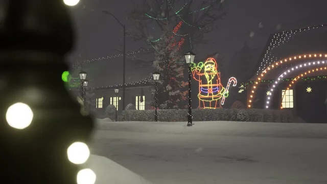 A snowy suburban street at night, its houses strung with Christmas lights and a light-up Santa