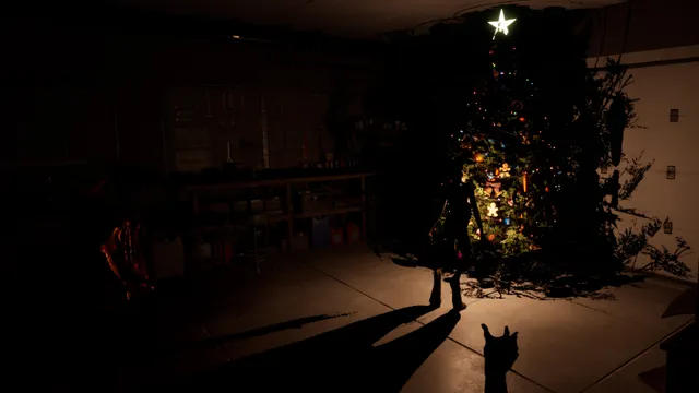 A dark garage lit only by a Christmas tree, with a figure and a cat casting long shadows