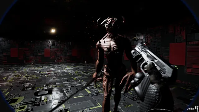 Bodycam view aiming a pistol at a tall horned demon with long claws in a dark room of red-lit circuitry