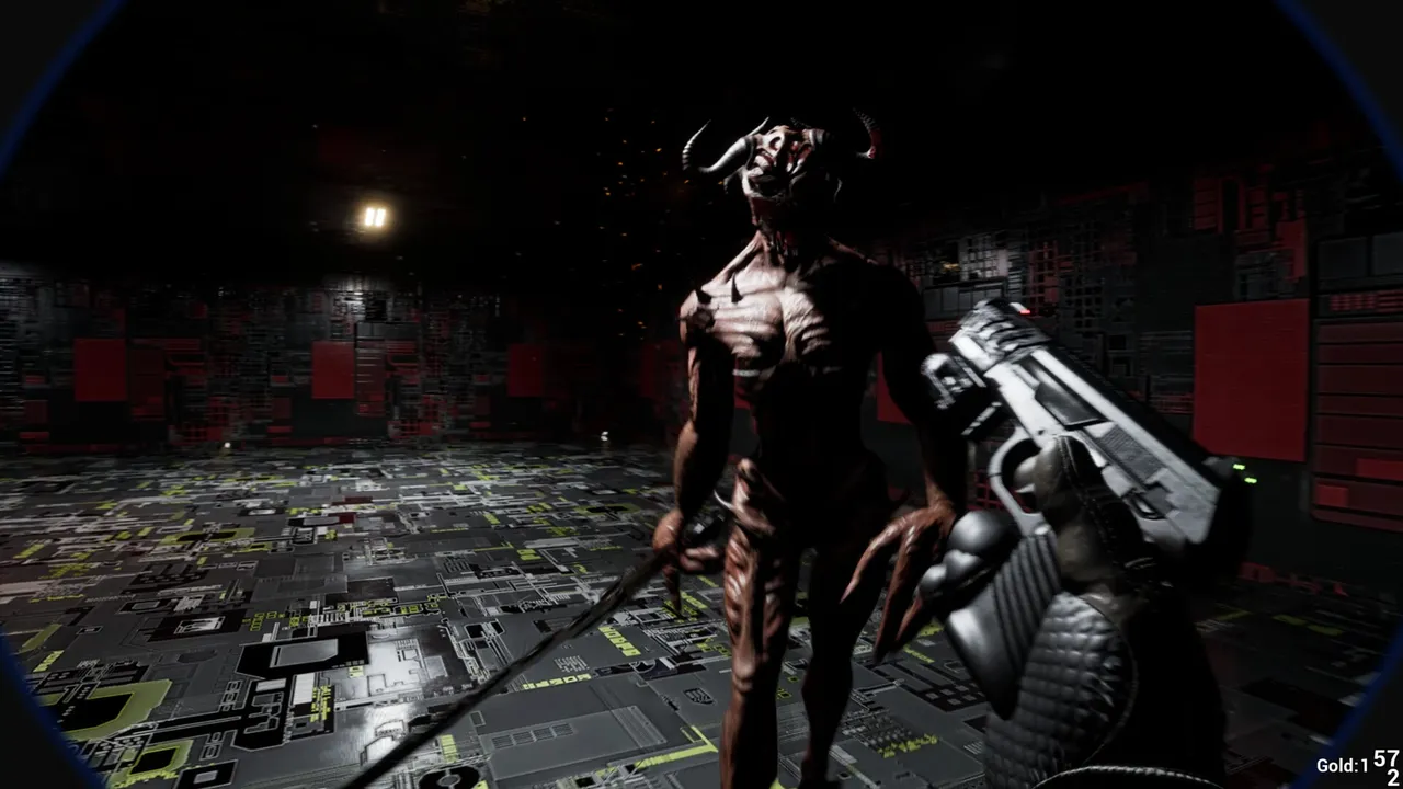 Bodycam view aiming a pistol at a tall horned demon with long claws in a dark room of red-lit circuitry