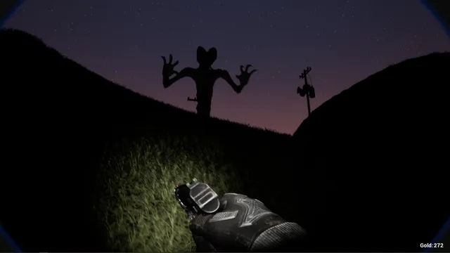 A clawed, long-eared silhouette rising over a hill against the night sky as a pistol is raised in torchlight
