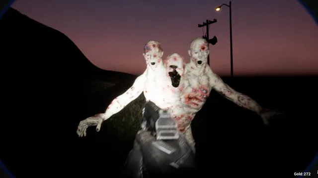 A pale three-headed creature covered in sores lunging at the camera by a roadside at dusk