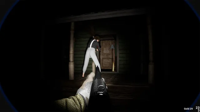 A shotgun aimed at a barefoot figure facing a wooden door on a dark porch