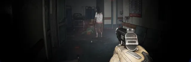 Holding a submachine gun in a bloodied hospital corridor as a pale ghost girl in a stained dress stands among the beds
