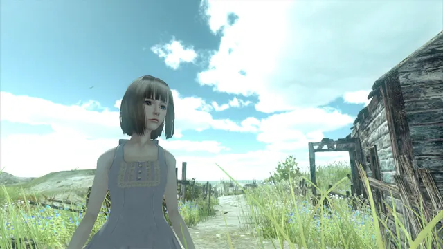 A girl with a bob haircut in a white dress beside a ruined wooden house under a bright sky