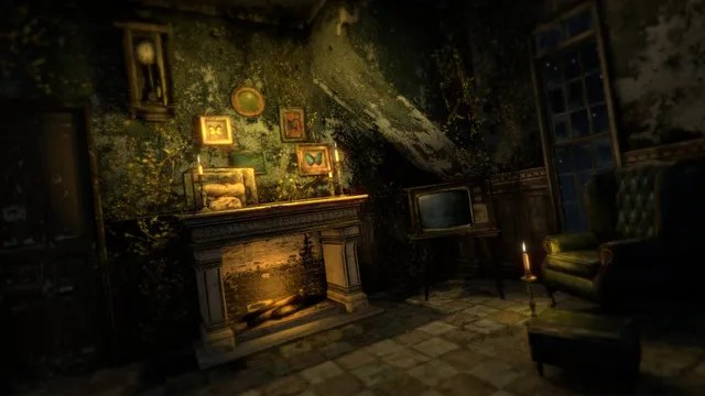 A candlelit sitting room overgrown with ivy, with framed pictures over a fireplace and an old television