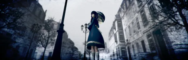 CINERIS SOMNIA key art: a black-haired girl in a dark dress with a parasol standing on a pale, empty city street lined with lamp posts