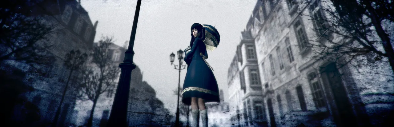 CINERIS SOMNIA key art: a black-haired girl in a dark dress with a parasol standing on a pale, empty city street lined with lamp posts