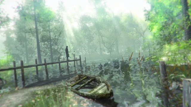 A misty green forest with a sunken rowing boat and a distant figure by a fence