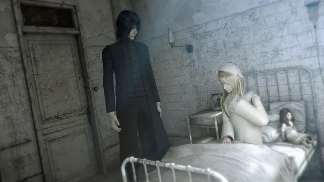The tall man in black standing beside a blonde girl in a hospital bed in a bare, grey room