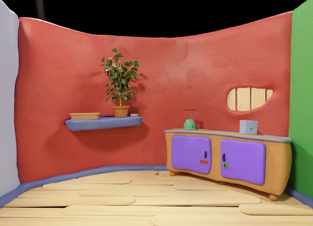 Clay-Scape! screenshot: a curved red clay room with a plant on a blue shelf, a purple-doored cupboard and a floor of wooden sticks