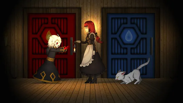 Clea 2 screenshot: Florine holds a lantern between a red door and a blue door as a pale masked child reaches for her and a hissing cat crouches