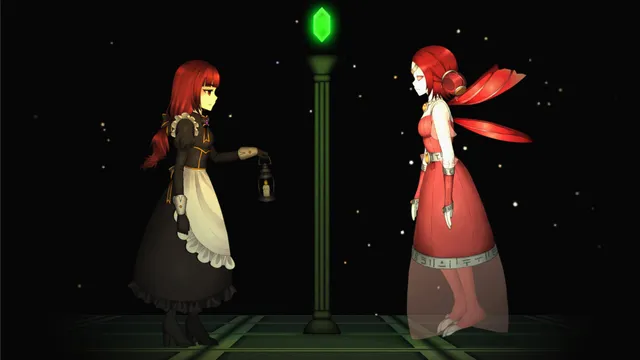 Clea 2 screenshot: Florine with a lantern meets a translucent red-haired spirit under a glowing green crystal in starry darkness