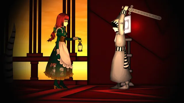 Clea 2 screenshot: Florine in a green dress faces a hooded figure in a striped scarf holding up a lever in a red room