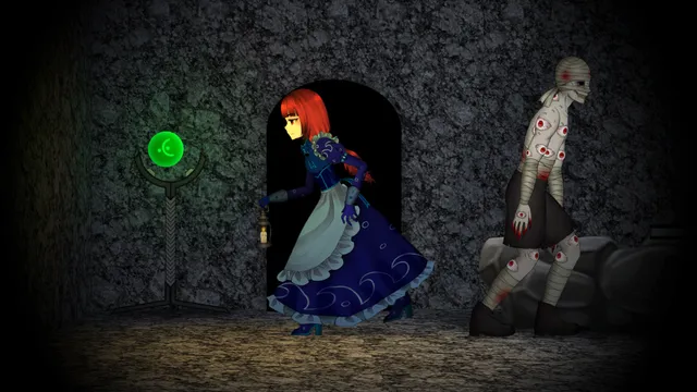 Clea 2 screenshot: Florine with a lantern steps out of a stone archway as a bandaged figure covered in eyes walks away from her