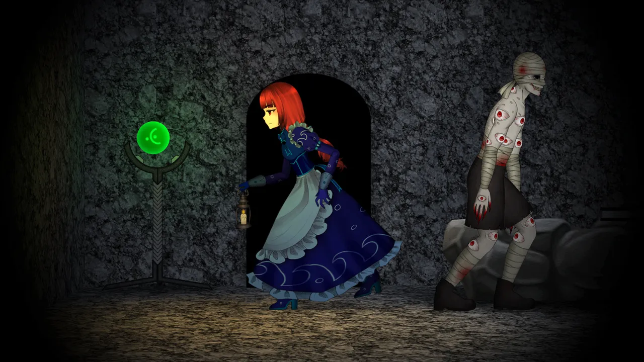 Clea 2 screenshot: Florine with a lantern steps out of a stone archway as a bandaged figure covered in eyes walks away from her