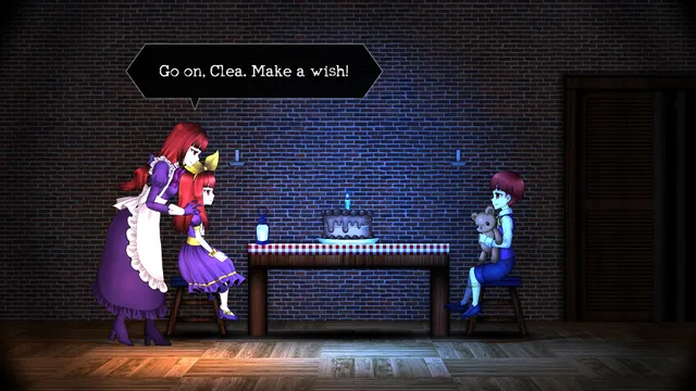 Clea screenshot: a maid holds Clea at a birthday table with a cake as her brother watches, the caption reading Go on, Clea. Make a wish