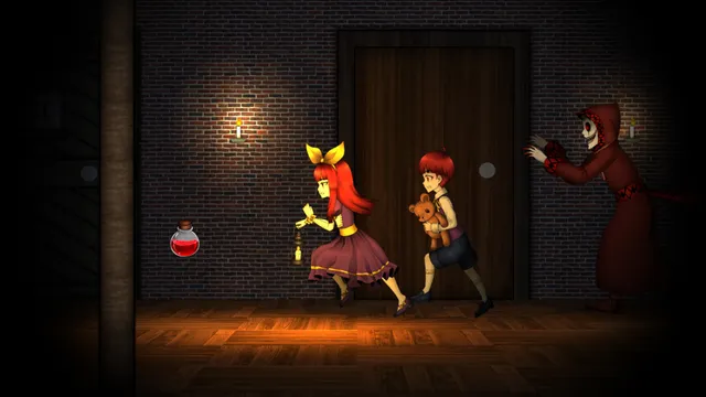 Clea screenshot: Clea with a lantern runs down a brick hallway with her brother and his teddy bear as a hooded skull-faced figure reaches for them