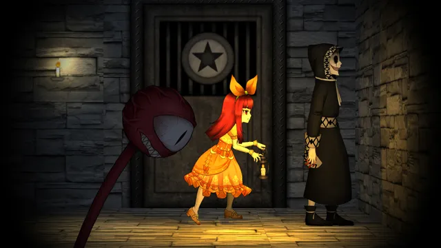 Clea screenshot: Clea creeps past a grinning red head on a stalk and a tall hooded creature in a stone corridor