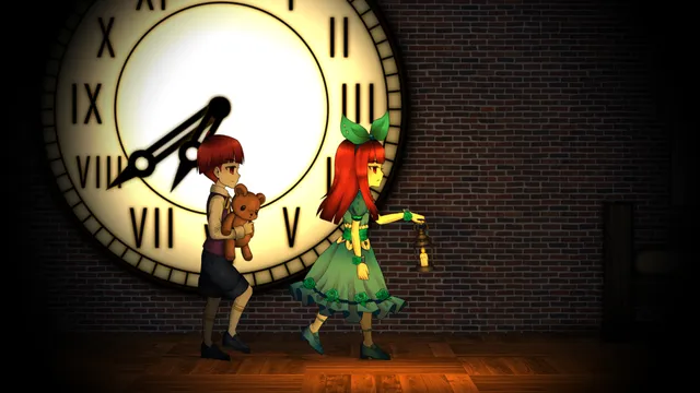 Clea screenshot: Clea with a lantern and her brother with his teddy bear walk past a huge clock face