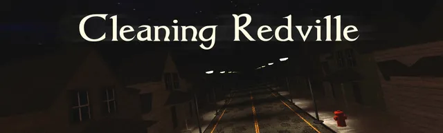 Cleaning Redville title over a street of low-poly wooden houses lit by streetlights