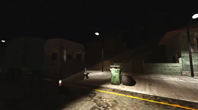 Cleaning Redville screenshot: the garbage truck parked by a green bin and a bag on a lamplit street at night