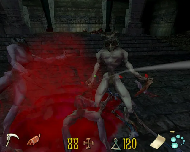 Clive Barker's Undying screenshot: grey, long-limbed creatures stand in a pool of blood at the foot of stone stairs