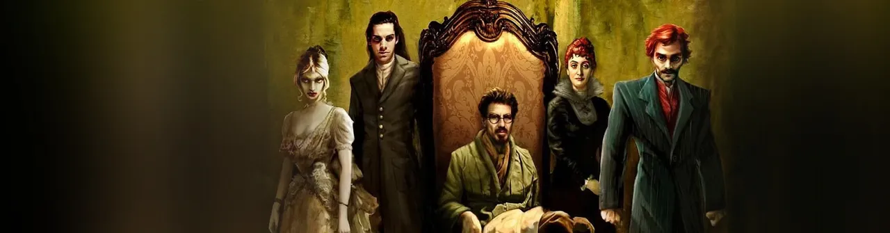 Clive Barker's Undying art: a bearded man in a high-backed carved chair with four pale, formally dressed family members standing around him
