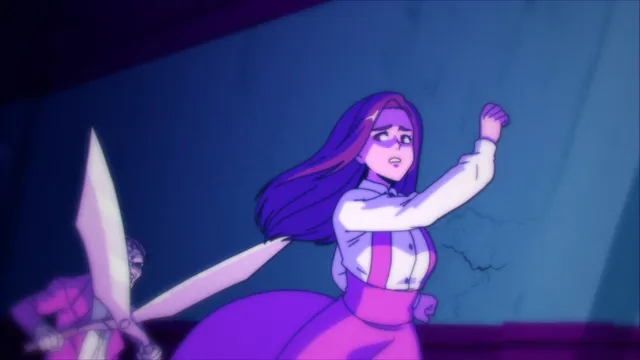 Clock Tower: Rewind screenshot: an animated scene of Jennifer shielding herself as the Scissorman lunges with his shears