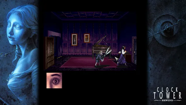 Clock Tower: Rewind screenshot: in a purple pixel-art room with a piano, the Scissorman raises giant shears as Jennifer runs, with a wide-eyed panic portrait below