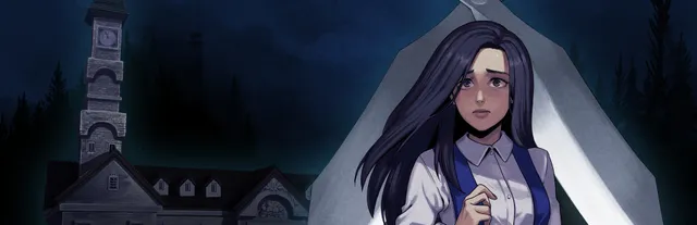 Clock Tower: Rewind key art: Jennifer, a frightened dark-haired girl in a white blouse, in front of a giant pair of open shears, with the mansion's clock tower at night