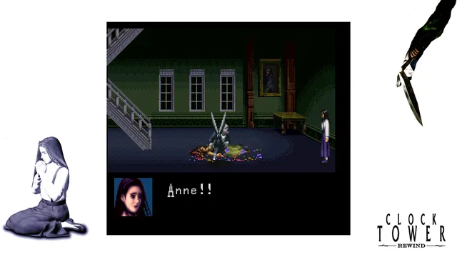 Clock Tower: Rewind screenshot: the Scissorman stands over a body in a green hall by the stairs as Jennifer cries Anne