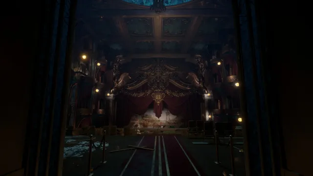 An ornate, abandoned theatre aboard the ship with debris on the red carpet