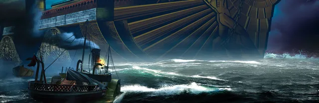 Close To The Sun key art: a small steam boat in a storm beneath the towering gilded hull of the Helios