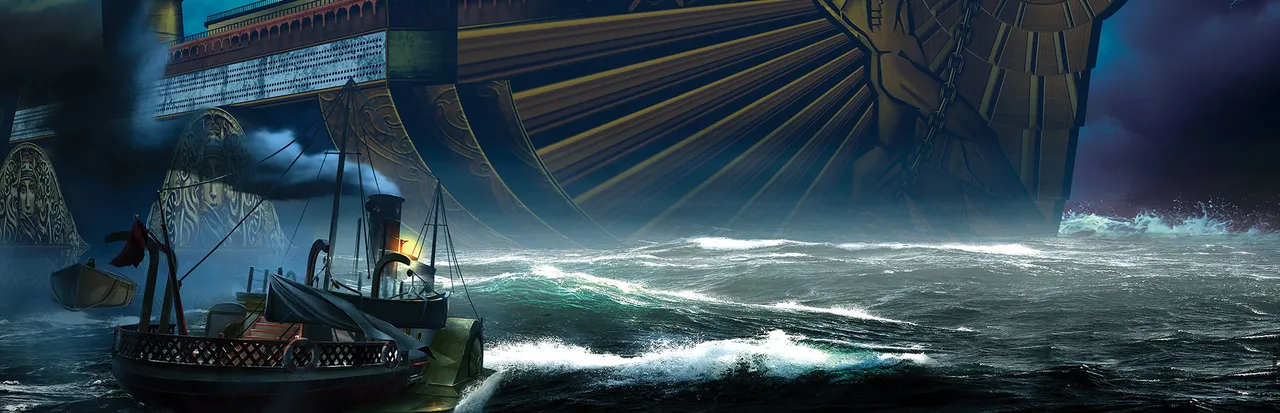 Close To The Sun key art: a small steam boat in a storm beneath the towering gilded hull of the Helios