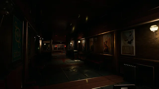 A dim wood-panelled corridor lined with posters, blood smeared on the floor